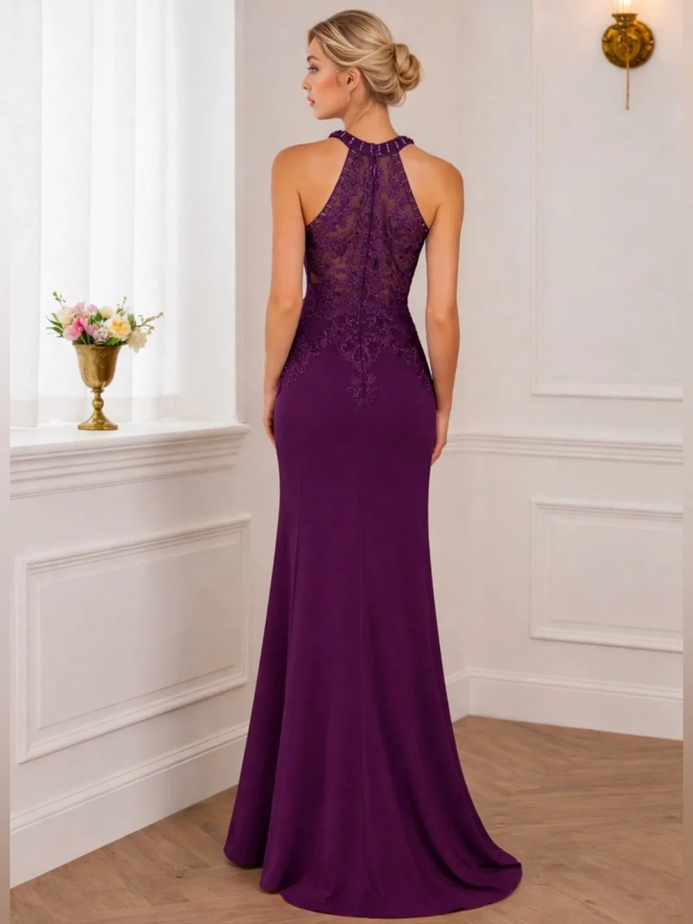 Plum Purple Lace Appliqué Beaded Halter Gown |  Formal Dress | Wedding Guest - Picture 6 of 13